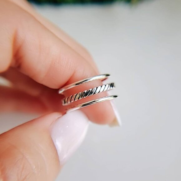 Women's 925 Sterling Silver Triple Band Three Stacking Ring Set Adjustable Thumb - Picture 2 of 10